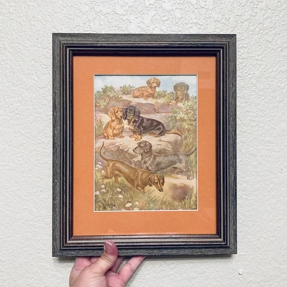 Vtg Long Haired Dachshund Weenie Dog Art Print Framed nature scene wall art - Picture 4 of 6